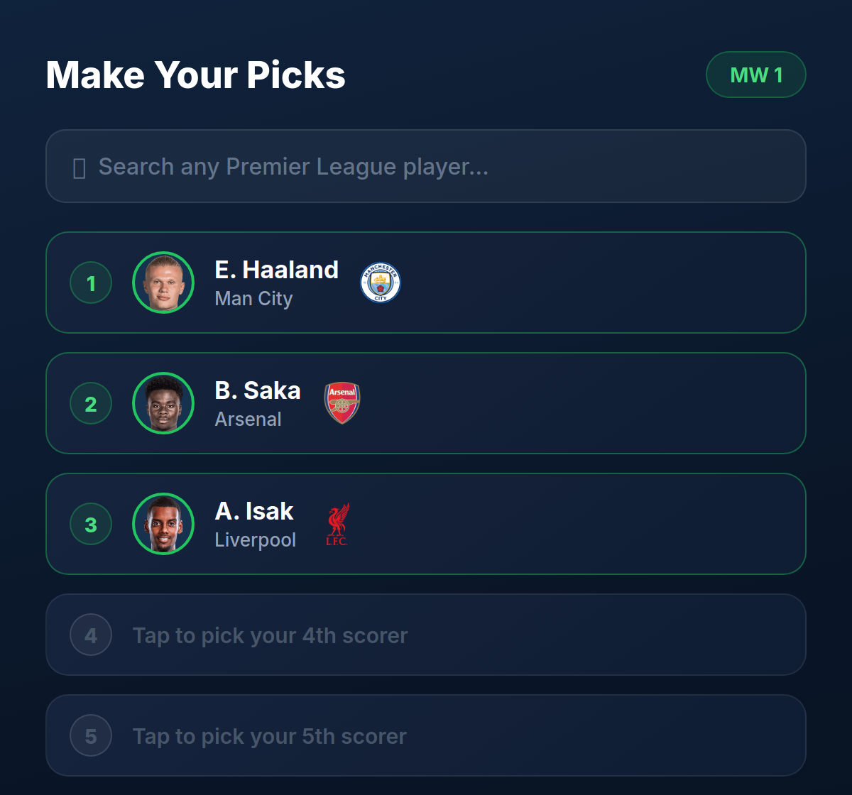 Pick your five scorers